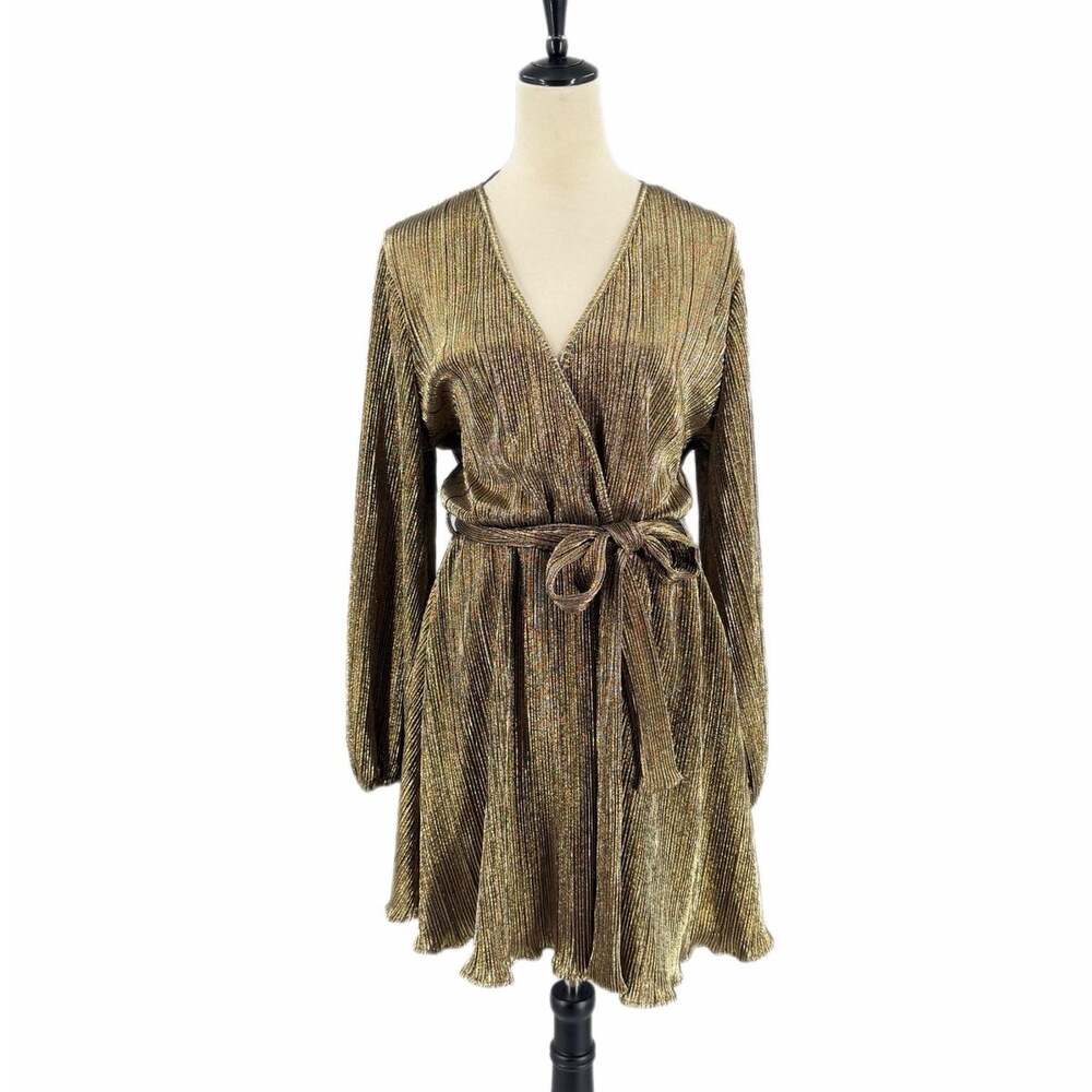 Bardot NEW Gold Metallic Pleated Plisse Glam Holiday Party Date Mini Wrap Dress
